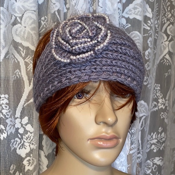 Accessories - Crochet Gray Headband w Little Pearls OSFA